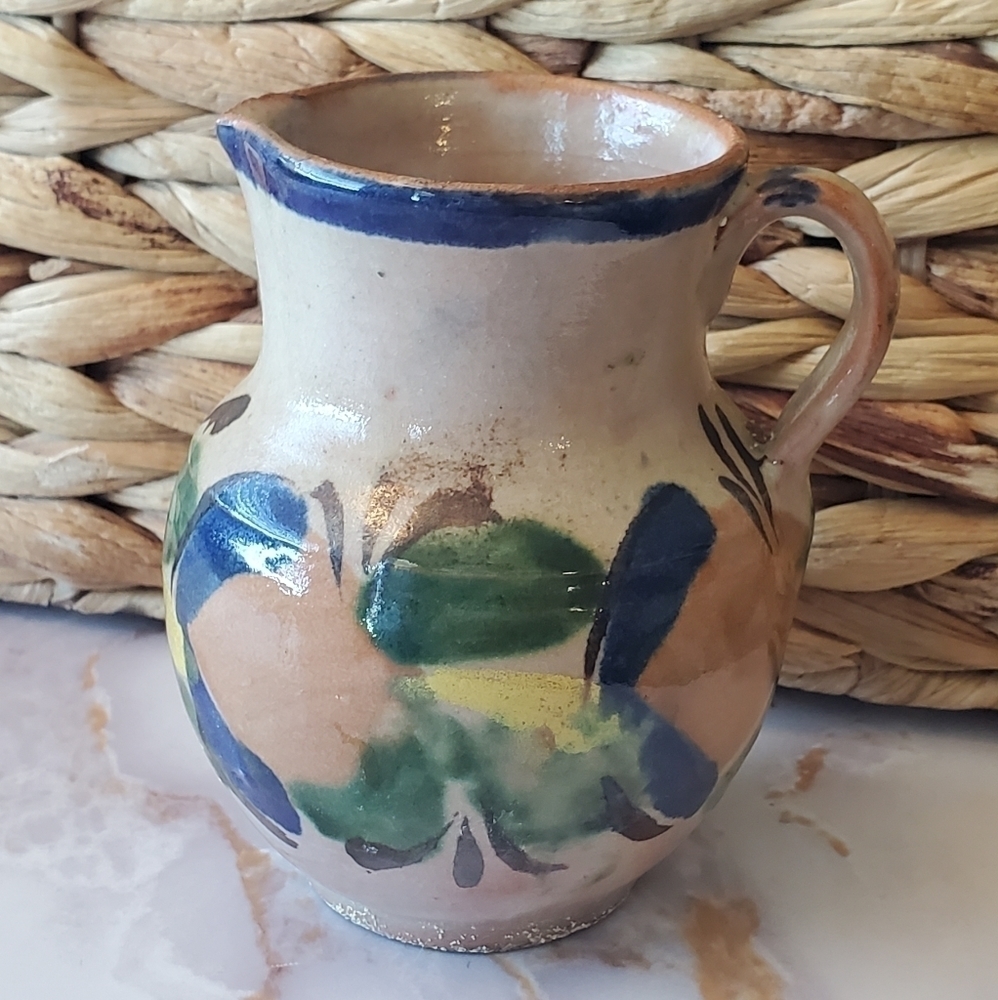 Small Redware Pitcher Creamer Mexico Beige Floral Multicolor.